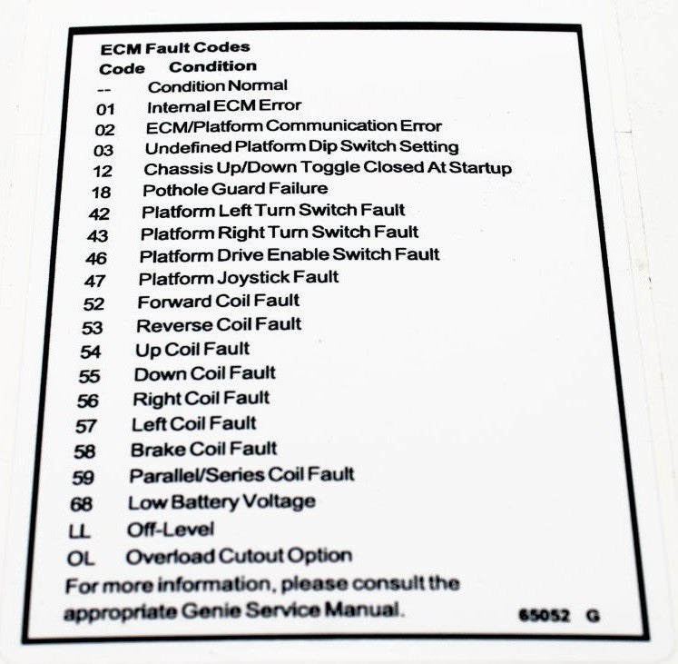 FOR GENIE GR-12 DECAL, LABEL (FAULT CODES) 65052