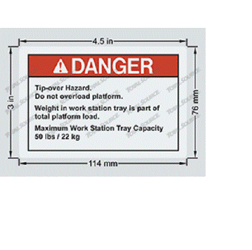 FOR GENIE GR-8 -  DECAL DANGER MAX CAP TRAY WRD  72850