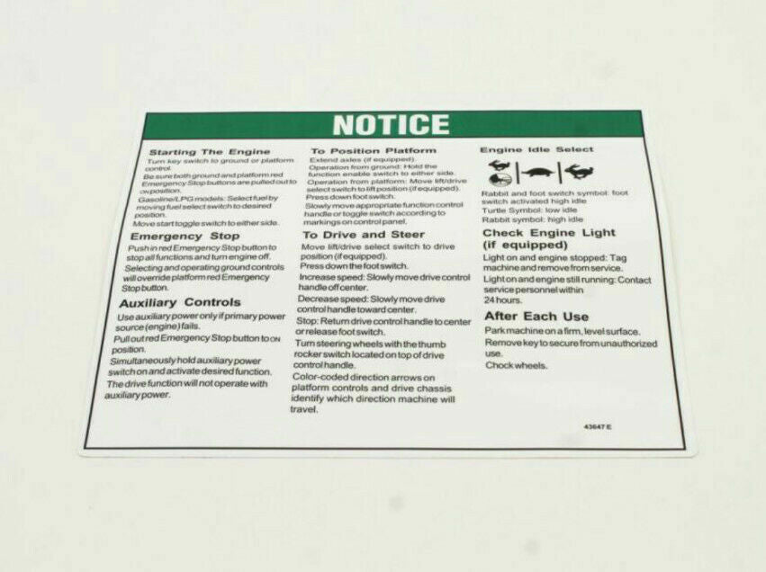 FOR GENIE OPERATION INSTUCTIONS DECAL PART# 43647GT, 43647