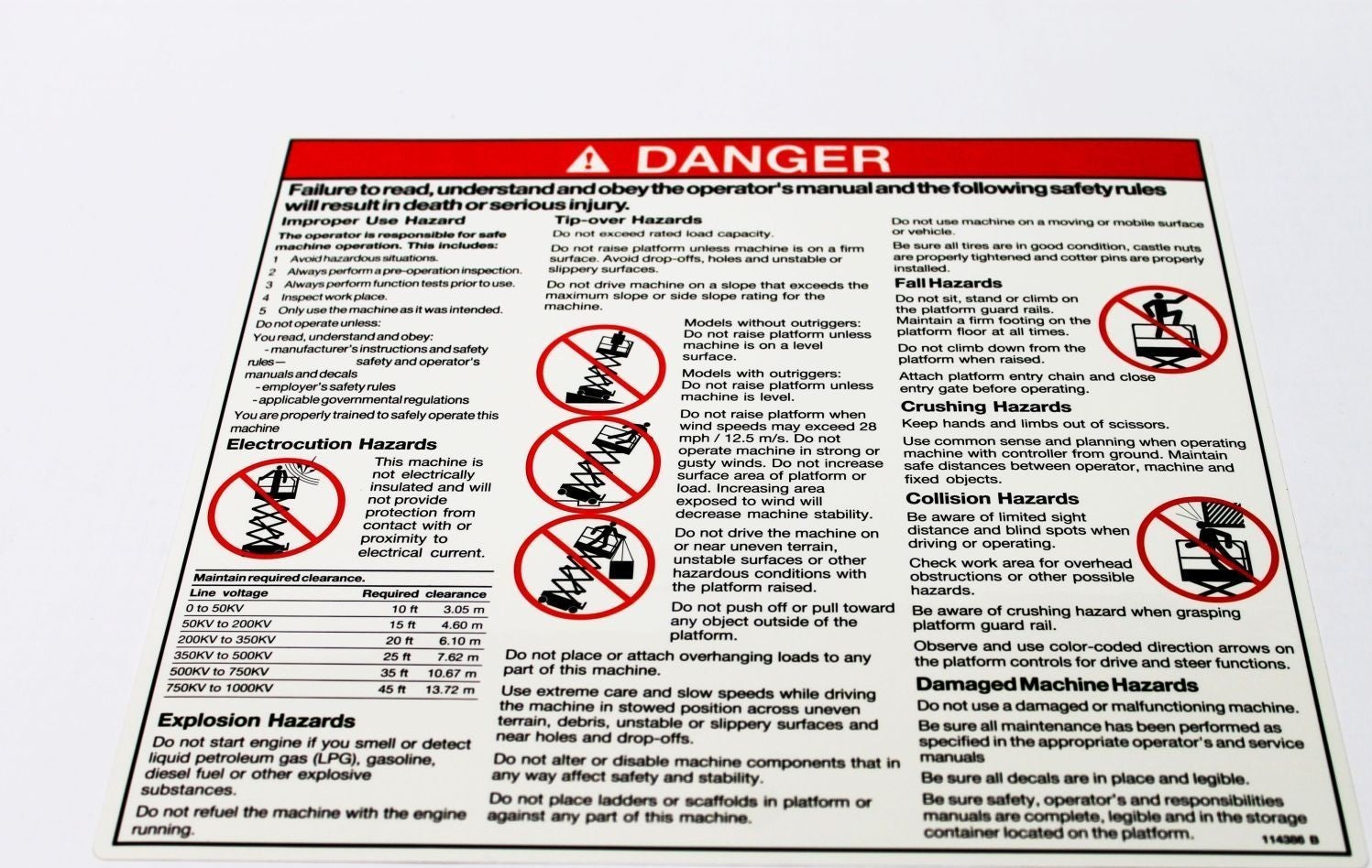 FOR Genie GS-3246 DECAL, DANGER GENERAL SAFETY 114386