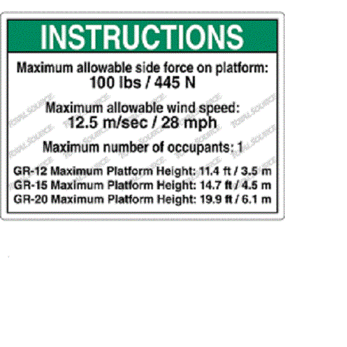 FOR GENIE GR-15 SIDE FORCE DECAL 100 LBS MAX LOAD Part # 72171