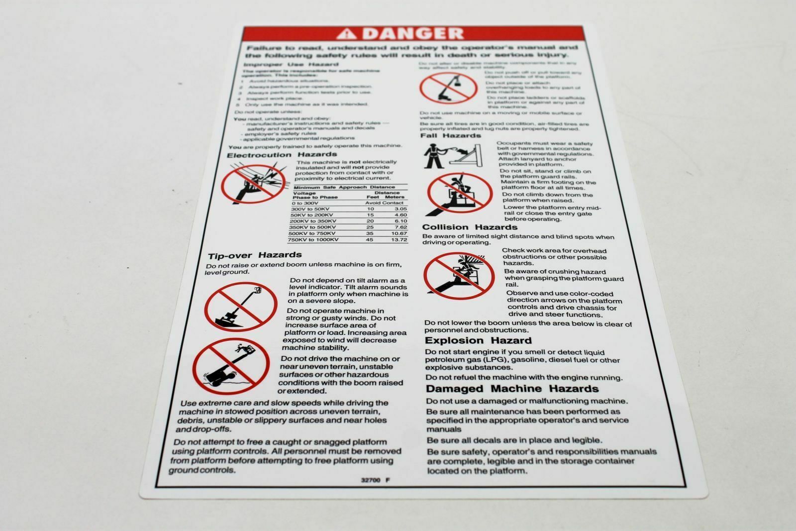 FOR GENIE  DANGER GEN SAFETY RULES DECAL 32700, 32700GT