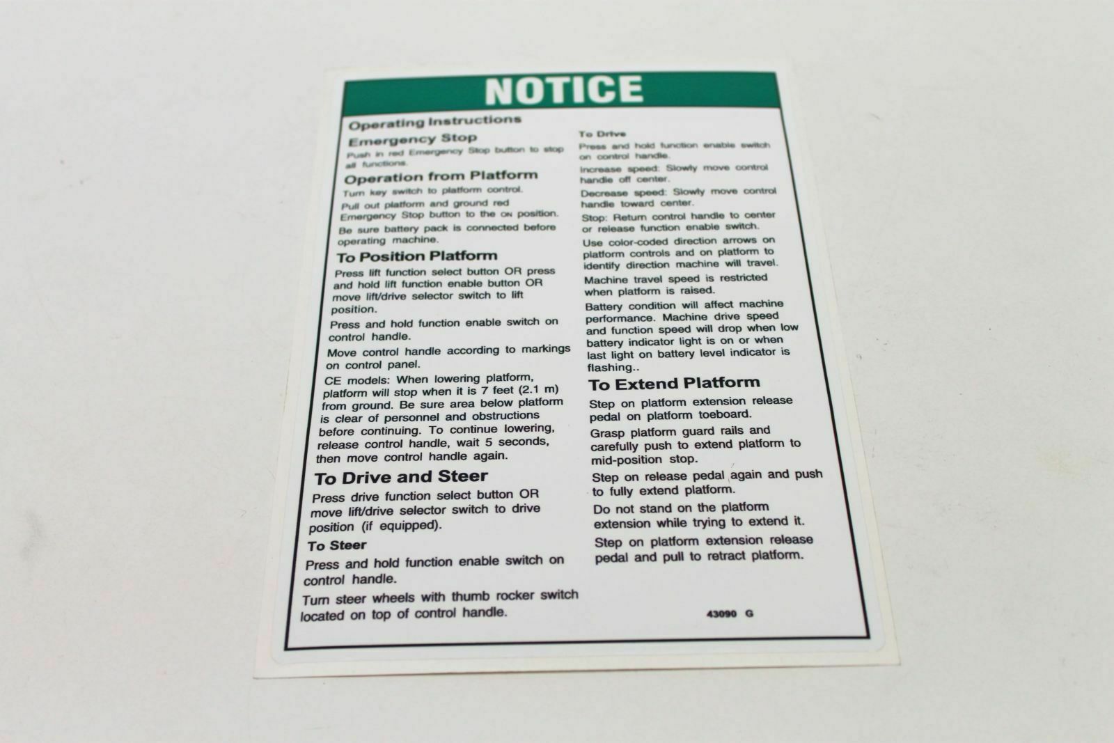 FOR GENIE OPERATING INSTRUCTIONS DECAL 43090, 43090GT