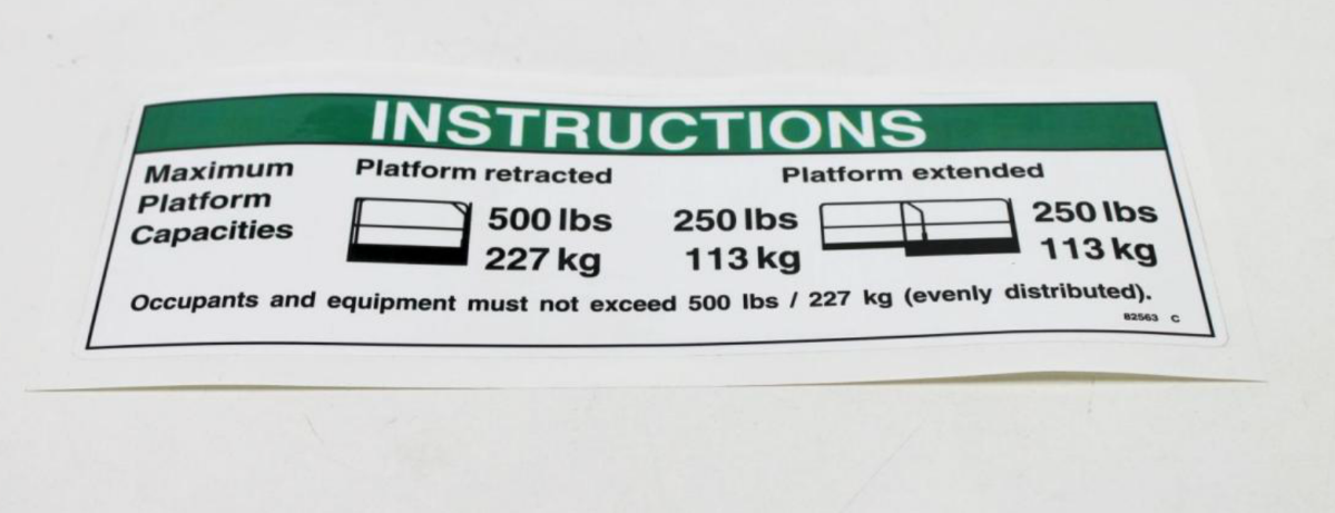 FOR GENIE NOTICE MAX CAP 500 LBS DECAL 82563, 82563GT