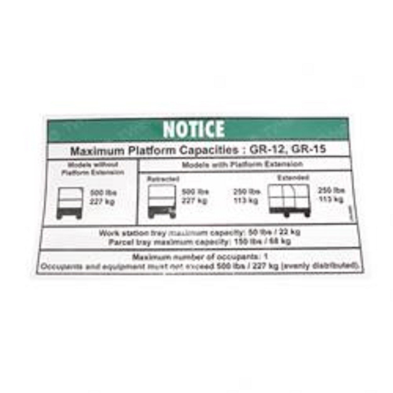 FOR Genie 97827 Decal-Notice Max Cap-500 Std